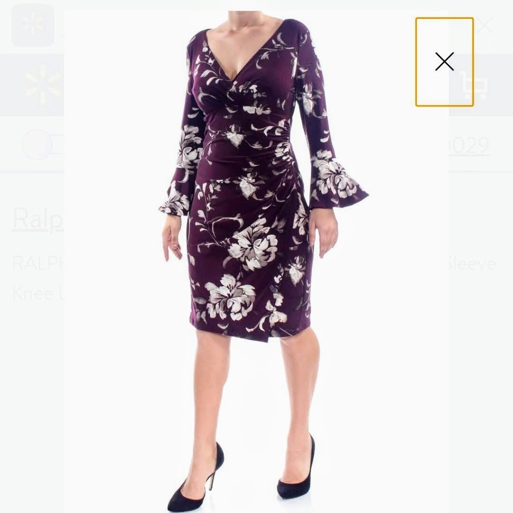 RALPH LAUREN Purple Ruched FloralBell Sleeve Dress